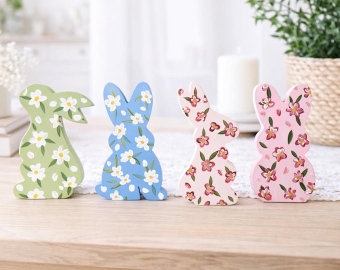 Hand-Painted Wooden Bunny Decor | Cottagecore Easter Shelf Sitter