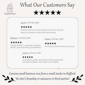May include: A cream-colored graphic with the text "What Our Customers Say" and five black stars. Customer reviews are displayed, with comments and dates. The Lillypad House logo is in the upper left corner.