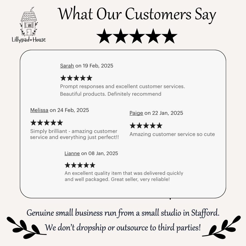 May include: A cream-colored graphic with the text "What Our Customers Say" and five black stars. Customer reviews are displayed, with comments and dates. The Lillypad House logo is in the upper left corner.