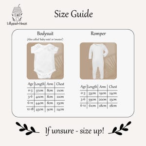 May include: Size guide for baby bodysuits and rompers. The guide provides measurements for age ranges 0-3 months to 12-18 months for bodysuits and 0-3 months to 6-12 months for rompers. Includes length, arm, and chest measurements in centimeters.