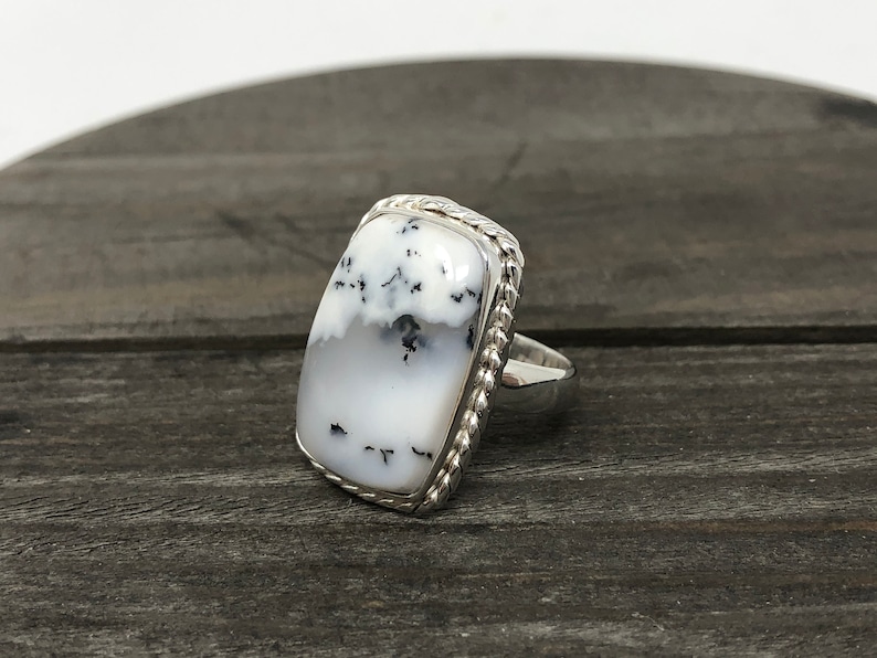 712 Ring Size|Sterling silver dendritic agate ring|agate ring|silver ring|white ring