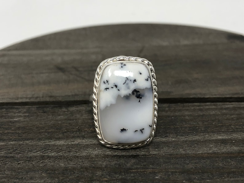 712 Ring Size|Sterling silver dendritic agate ring|agate ring|silver ring|white ring