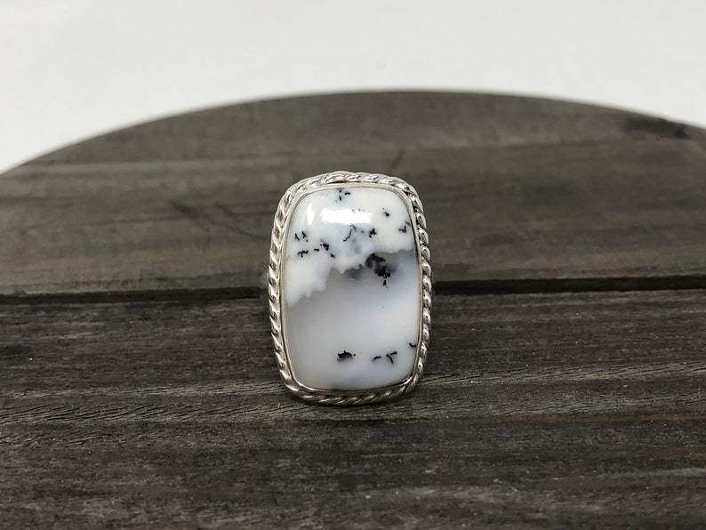 712 Ring Size|Sterling silver dendritic agate ring|agate ring|silver ring|white ring