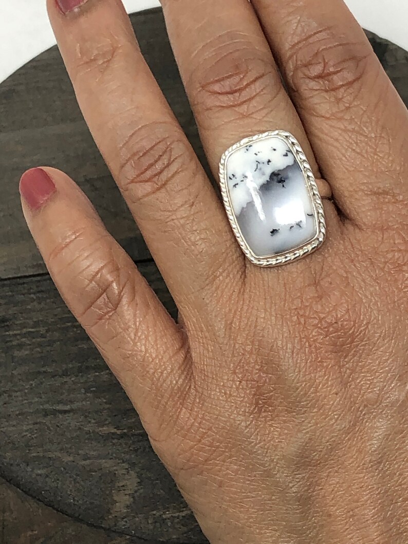 712 Ring Size|Sterling silver dendritic agate ring|agate ring|silver ring|white ring