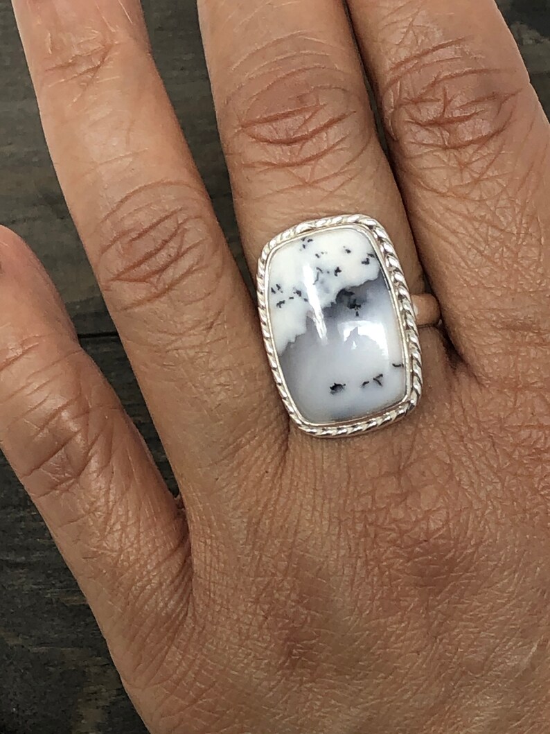 712 Ring Size|Sterling silver dendritic agate ring|agate ring|silver ring|white ring