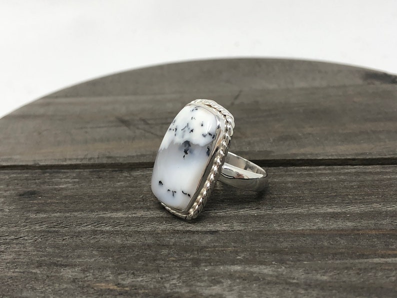 712 Ring Size|Sterling silver dendritic agate ring|agate ring|silver ring|white ring