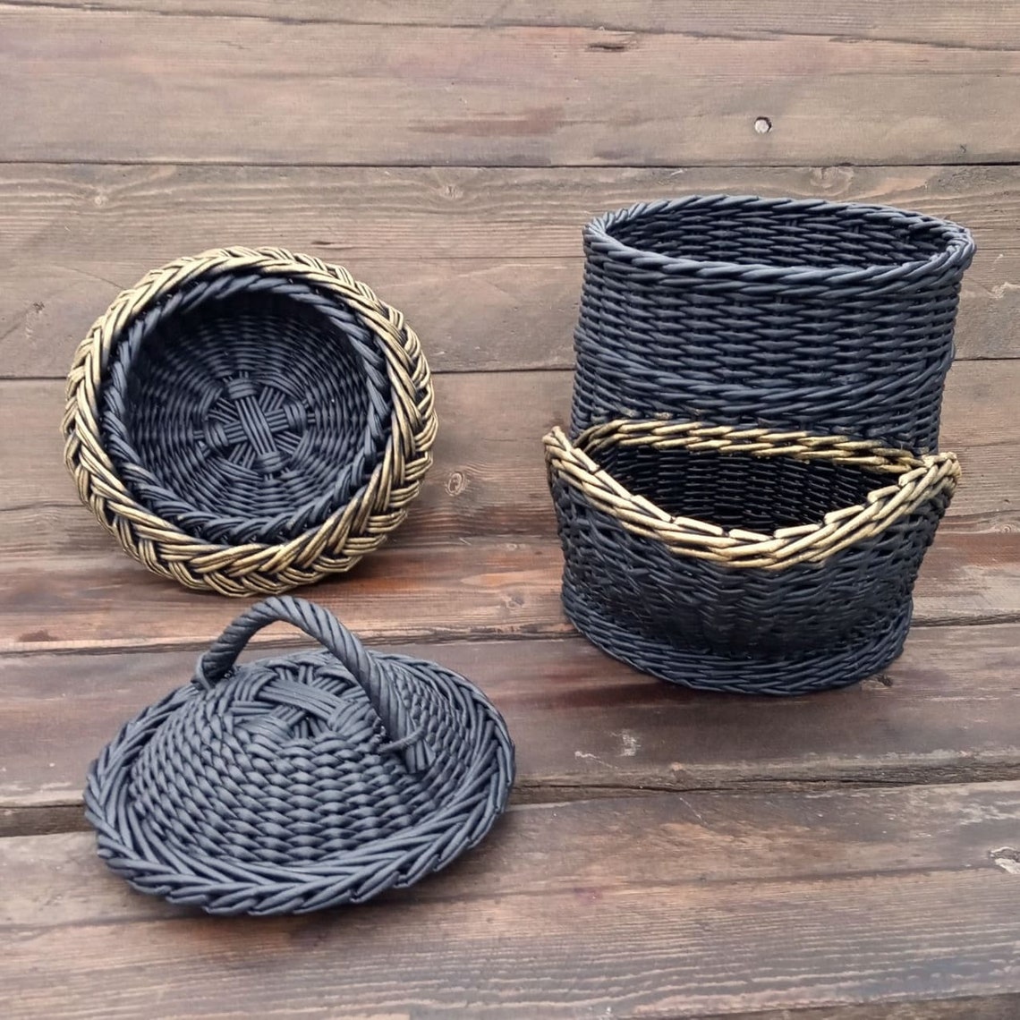 Black and gold basket for potatoes and onions Wicker kitchen Etsy