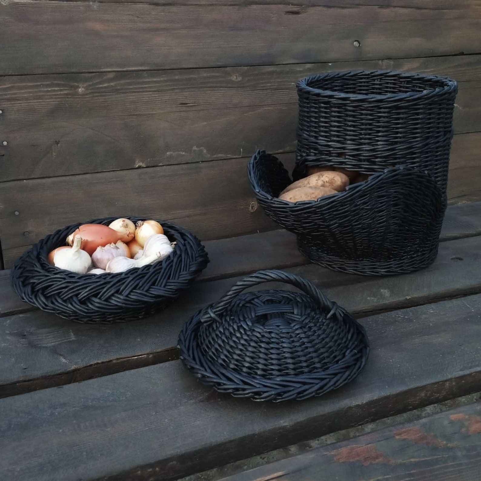 Black basket for potatoes and onions Wicker kitchen basket for Etsy