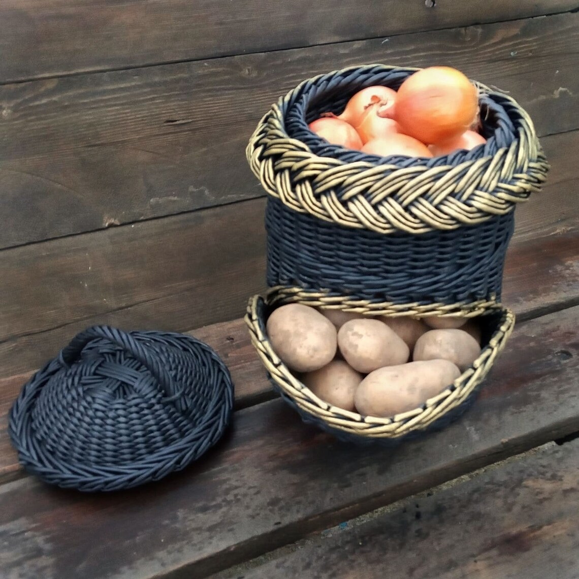 Black and gold basket for potatoes and onions Wicker kitchen Etsy
