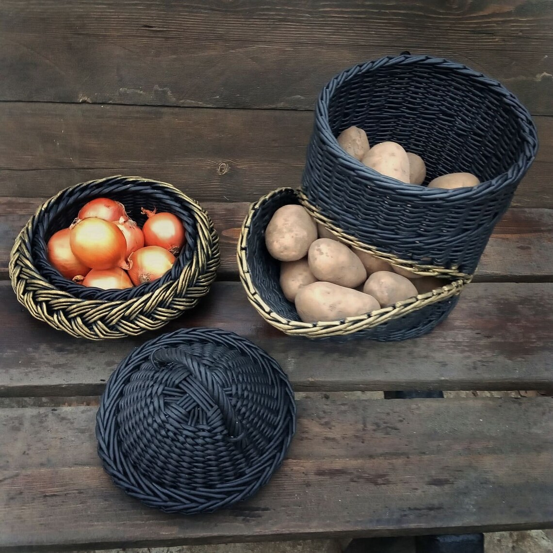 Black and gold basket for potatoes and onions Wicker kitchen Etsy