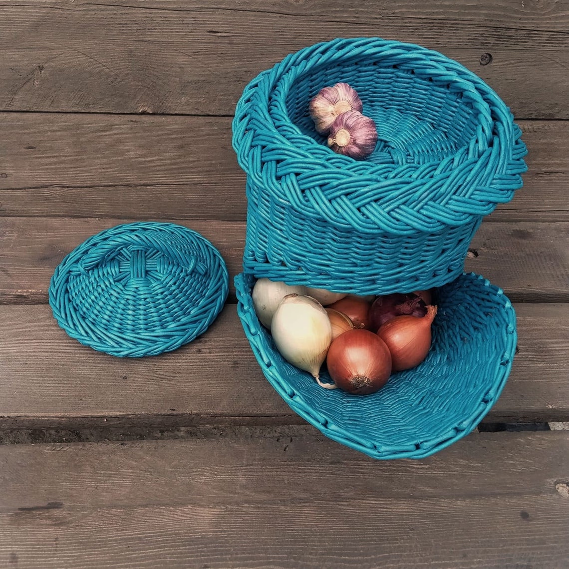 Blue basket for storing potatoes onions and garlic Wicker Etsy