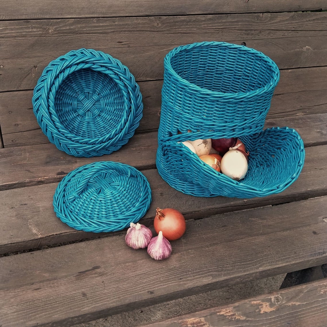 Blue basket for storing potatoes onions and garlic Wicker Etsy