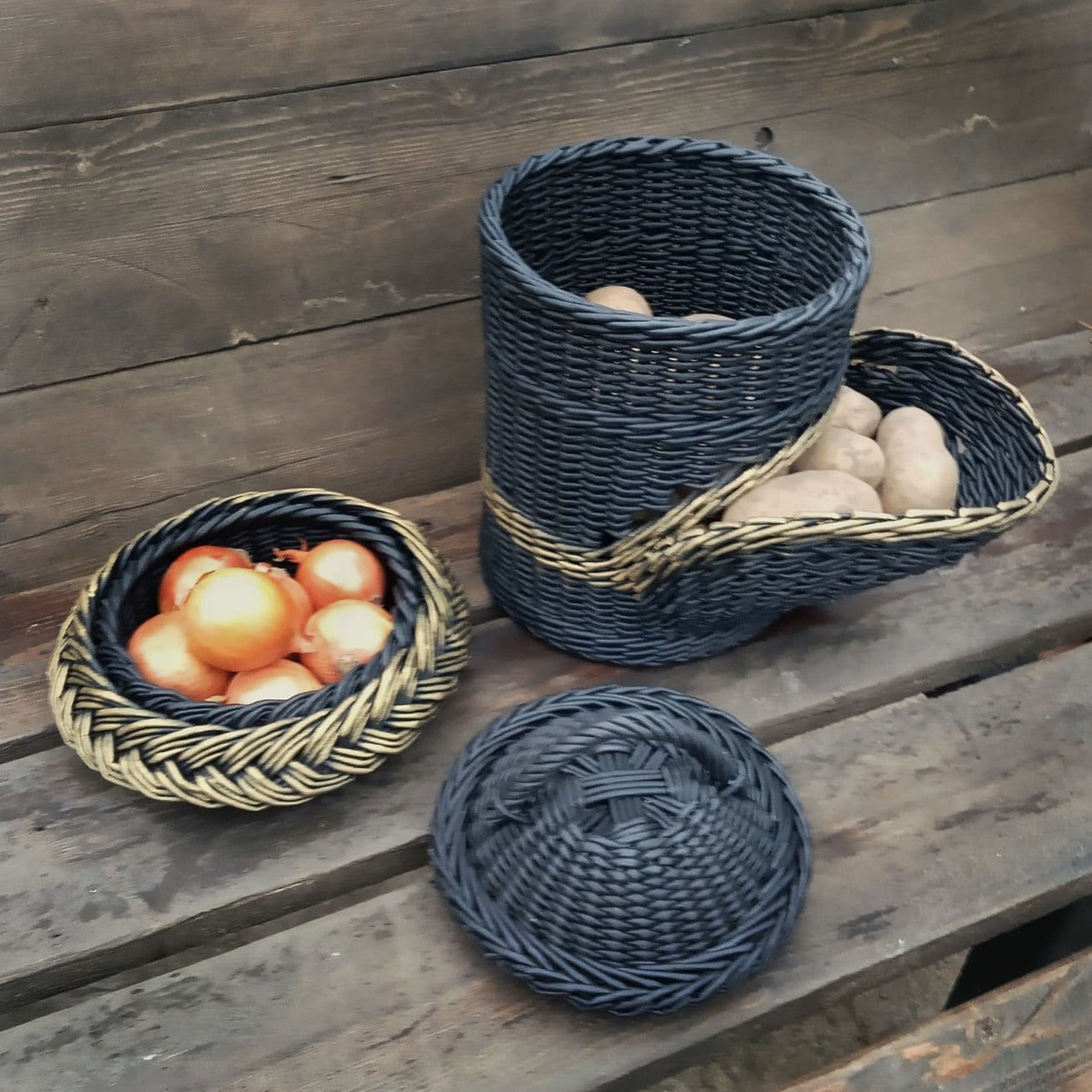 Black and gold basket for potatoes and onions Wicker kitchen Etsy