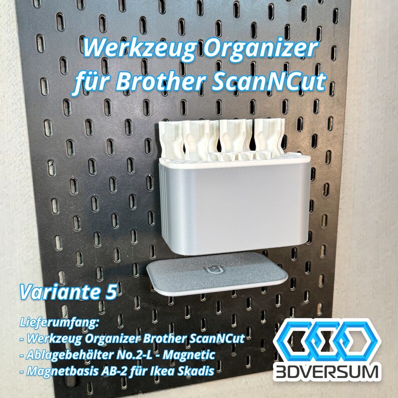 May include: A gray and white tool organizer for a Brother ScanNCut machine, mounted on a black pegboard. The organizer has a rectangular shape with a slot for tools and a separate magnetic tray. Text on the image reads "Werkzeug Organizer f&uuml;r Brother ScanNCut".