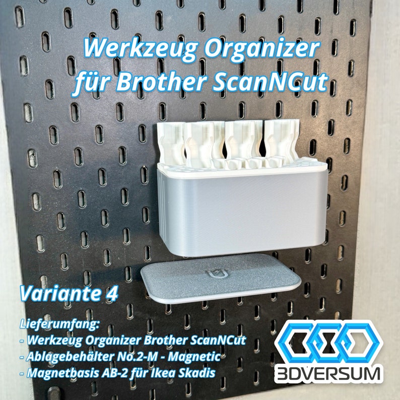 May include: A gray and white tool organizer for a Brother ScanNCut machine, mounted on a black pegboard. The organizer has slots for tools and a magnetic base. Text on the image reads "Werkzeug Organizer f&uuml;r Brother ScanNCut" and "Variante 4".
