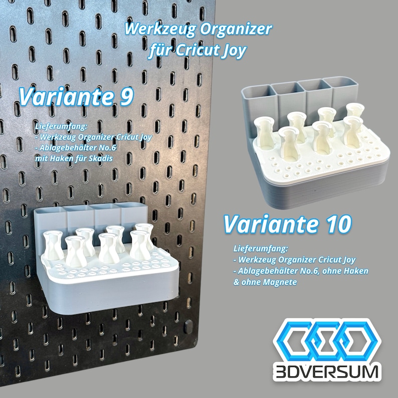 May include: Two gray and white tool organizers for Cricut Joy, labeled 'Variante 9' and 'Variante 10'. Each organizer has multiple compartments and holes for tools. The image includes text in German.