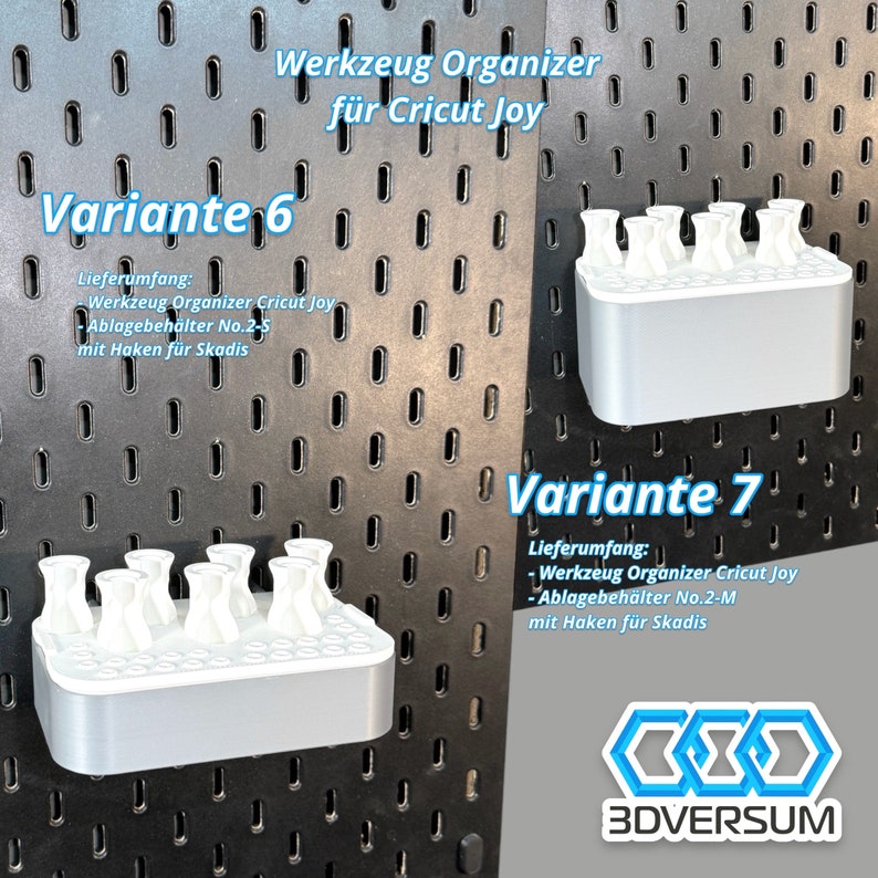 May include: Two gray and white tool organizers for Cricut Joy, labeled 'Variante 6' and 'Variante 7'. Each organizer has multiple white holders. Text on the image includes 'Werkzeug Organizer f&uuml;r Cricut Joy' and '3DVERSUM'.
