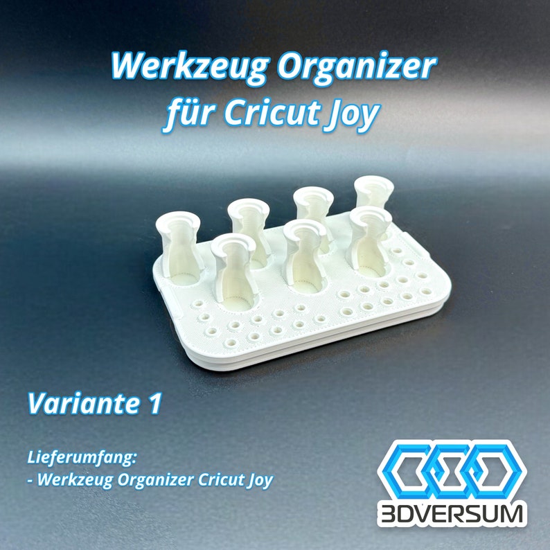 May include: A white Cricut Joy tool organizer with multiple compartments for storage. The organizer has several cylindrical holders and small holes for various tools. Text on the image reads "Werkzeug Organizer f&uuml;r Cricut Joy" and "Variante 1".