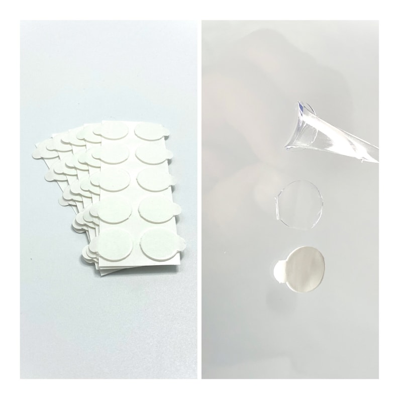 Peut inclure: Un paquet d'autocollants ronds adh&eacute;sifs blancs, avec un outil d'application en plastique transparent et quelques autocollants d&eacute;j&agrave; appliqu&eacute;s sur une surface blanche.
