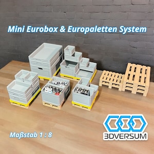 Könnte beinhalten: Ein Miniatur-Eurobox- und Europalettensystem mit grauen Plastikboxen und Paletten. Die Boxen sind mit Batterien gefüllt und die Paletten sind aus Holz. Der Text "Mini Eurobox & Europaletten System" und "Maßstab 1:8" ist im Bild sichtbar.