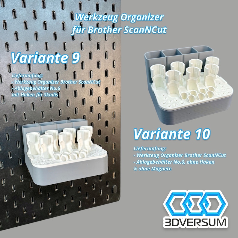 May include: Two gray plastic tool organizers for Brother ScanNCut machines. One is mounted on a perforated metal board. The other is shown separately. The text on the image says "Variante 9" and "Variante 10".