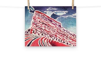 Batik Print: Original Art Batik Painting of Red Rocks Amphithater Behind a Blue Sky, Colorado