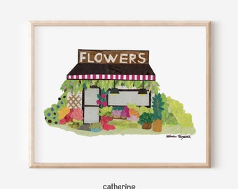 May include: A colorful illustration of a flower shop with a sign that reads "FLOWERS". The shop is surrounded by flowers and plants, and the artist's signature is in the bottom right corner.