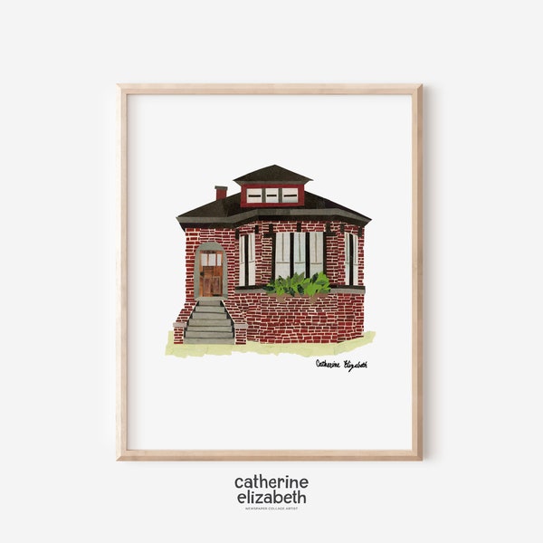 PAPER COLLAGE Art Print, Chicago Homes, Chicago Wall Art, Chicago Neighborhoods, Architecture, Red Bungalow, Chicago Architecture, Giclee