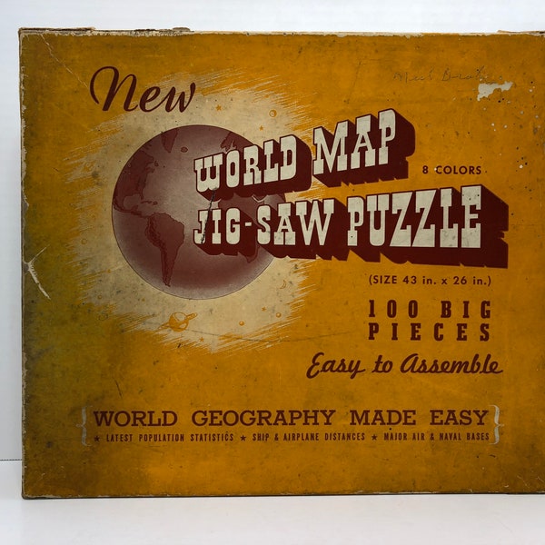 1942 Vintage New World Map 100-Piece Jig-Saw Puzzle Shows Details for Allied & Axis Powers in World War 2 in 8 Colors 43-inch X 26-inch Used