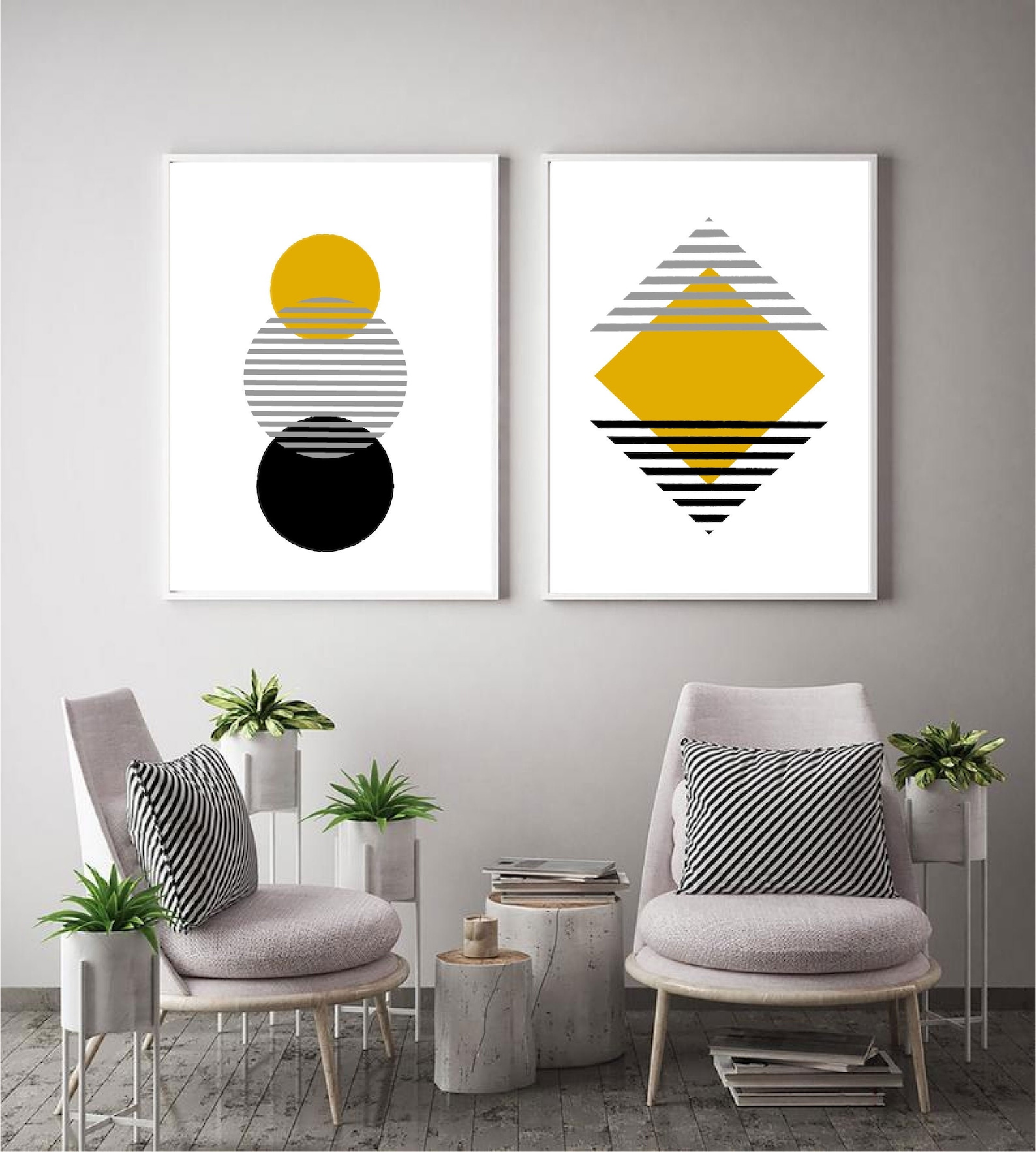 Set of 2 Black, White and Mustard Yellow Modern Abstract Print/color