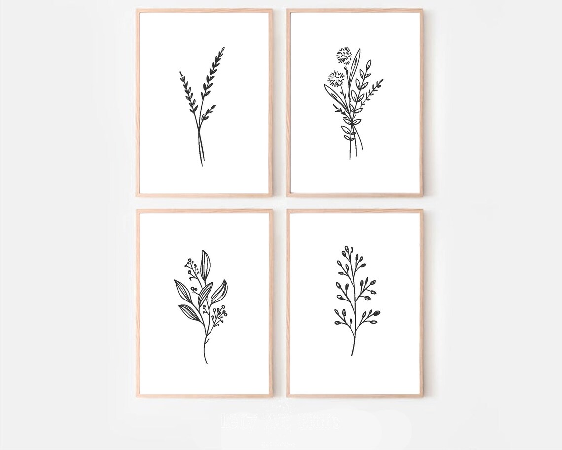 Set of 4 Botanical Prints Printable Wall Art Set Black And | Etsy