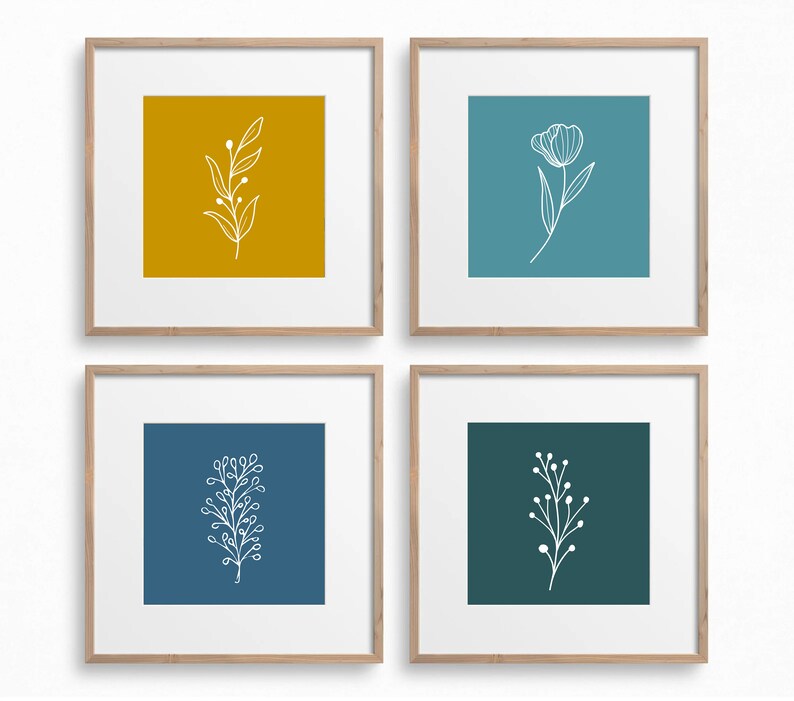 Mustard Yellow and Teal Wall Art Set of 4 Botanical Wall Art Etsy