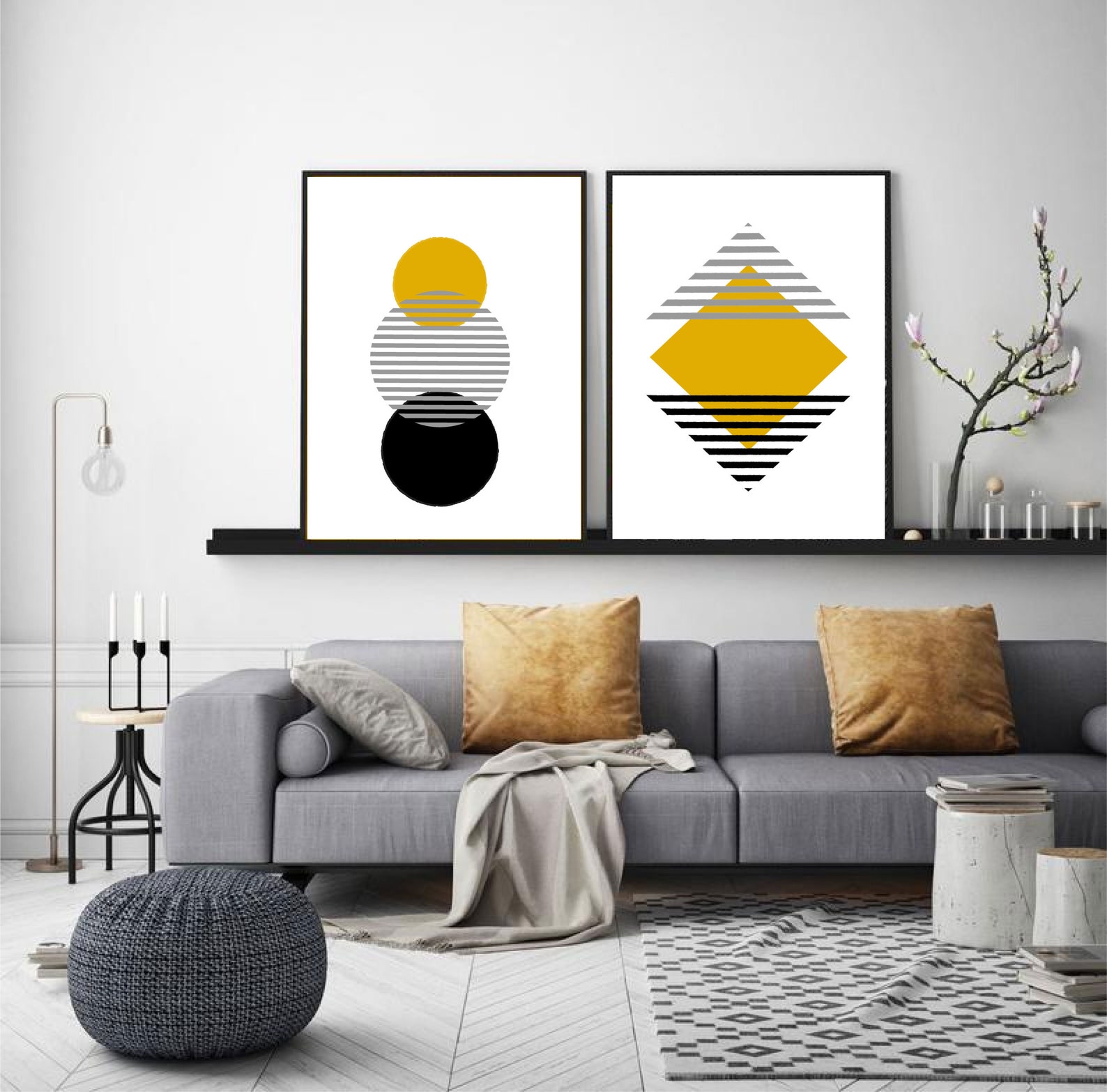 Set of 2 Black, White and Mustard Yellow Modern Abstract Print/color