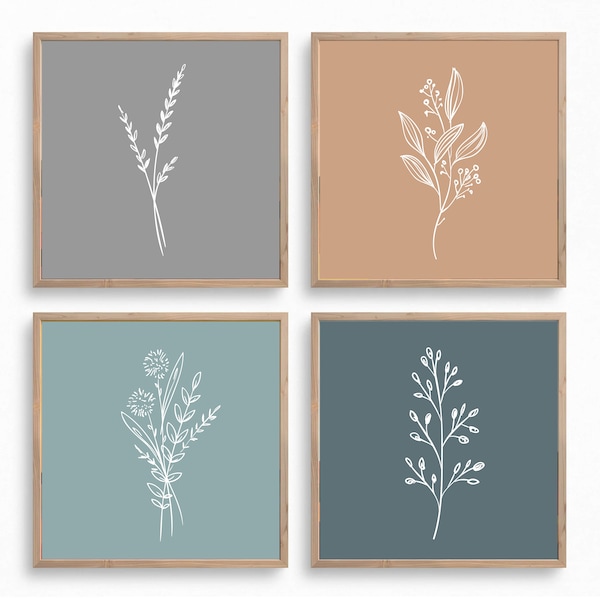 Set of 4 botanical wall art, Set of four square prints, Wildflower wall art, Minimalist neutral wall art print, Cool earth tone art prints