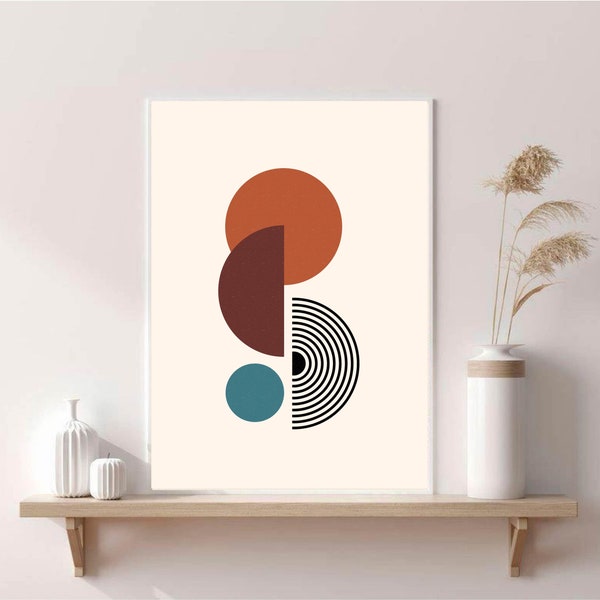 Terracotta and Teal Poster/ Mid-century art/ Boho Wall Decor Mid-century Modern Burnt Orange Print/ Digital Download/ Geometric shape art.