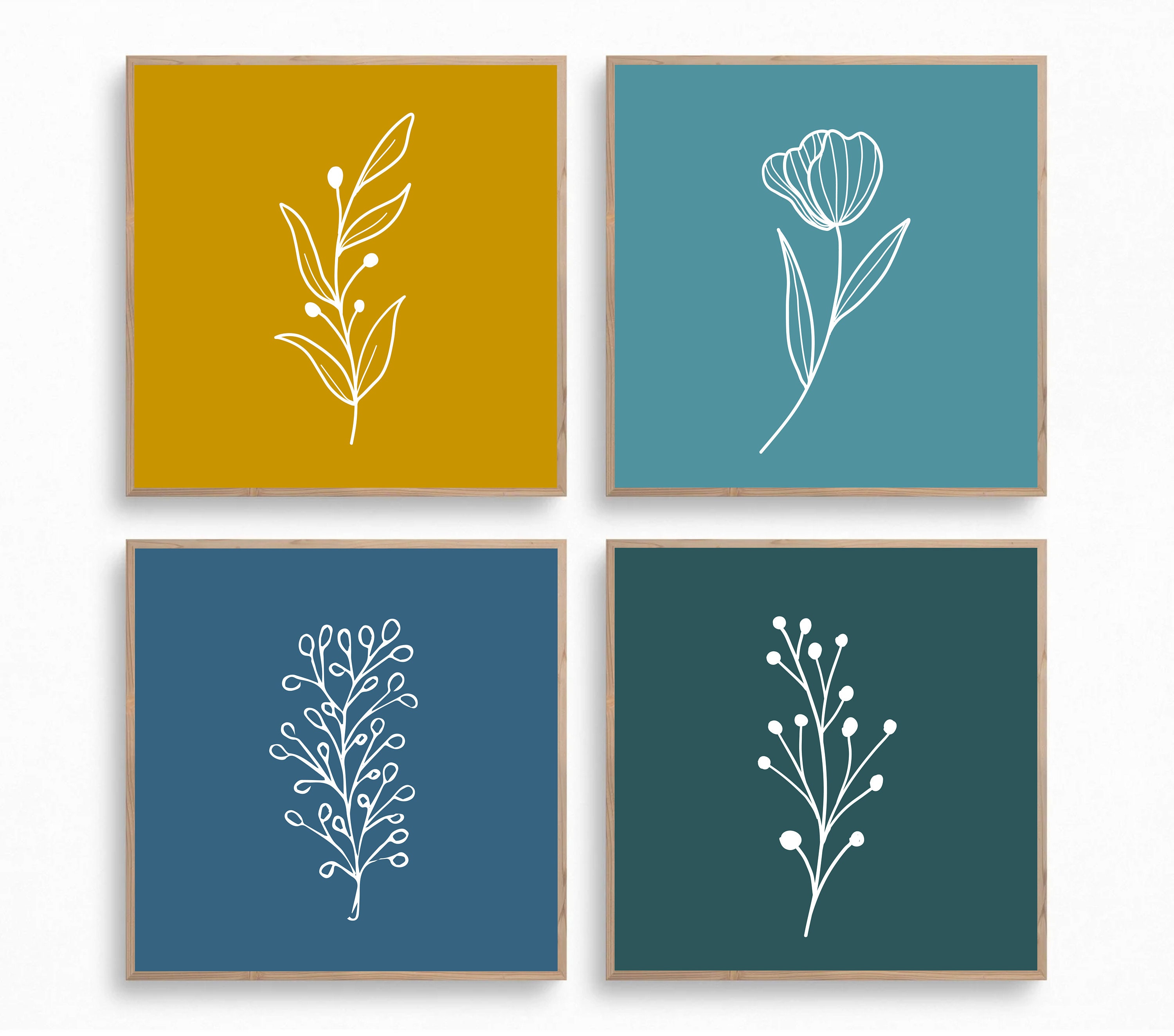 Mustard Yellow and Teal Wall Art, Set of 4 Botanical Wall Art, Set of ...