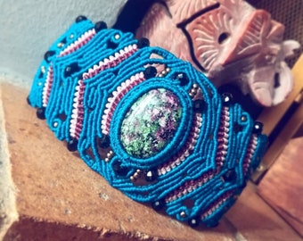 Macrame Cuff Bracelet, Tribal Bracelet, Ruby Zoisite Gemstone, Boho Bracelet, Artizan Bracelet