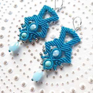 Blue Macrame Earrings, Micromacrame Earrings, Boho Earrings