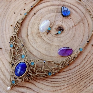 Macrame Necklace With Lapis Lazuli , Wearable Art, Tribal Necklace, Gemstone Necklace, Micromacrame, Boho Necklace ,  Handmade