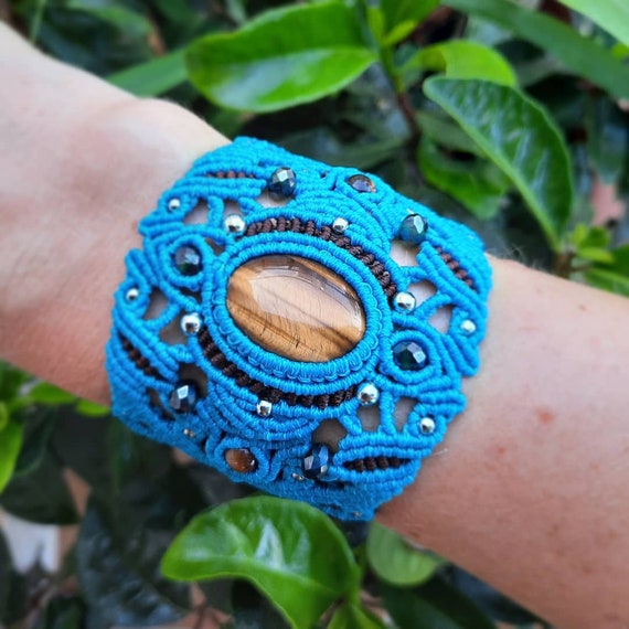 Blue Macrame Cuff Bracelet With Tiger Eye Macrame Bracelet 