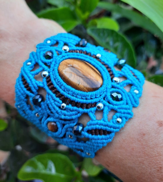 Blue Macrame Cuff Bracelet With Tiger Eye Macrame Bracelet 