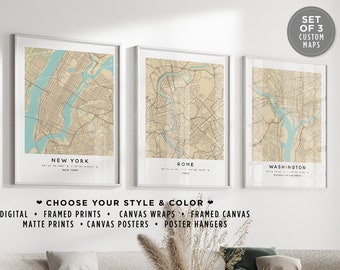 Personalized Set Of 3 City Map Prints Home Town Poster Wall Art Sign Framed Custom City Map Canvas Poster Custom Map Any Location Street Map