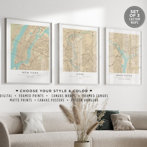 Conjunto personalizado de 3 impressões de mapas da cidade, pôster da cidade natal, arte de parede, emoldurado, mapa da cidade personalizado, pôster em tela, mapa personalizado, qualquer local, mapa de ruas