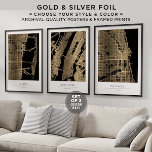 Personalized Set Of 3 City Map Foil Prints Home Town Poster Wall Art Sign Framed Custom City Map Gold City Maps Any Location Street Map Sign