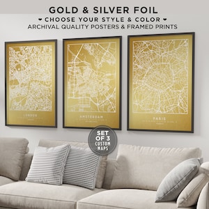 Personalized Set Of 3 City Map Foil Prints Home Town Poster Wall Art Sign Framed Custom City Map Gold City Maps Any Location Street Map Sign