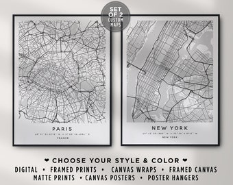 Personalized Set Of 2 City Map Prints Home Town Poster Wall Art Sign Framed Custom City Map Canvas Poster Custom Map customized  Map Sign