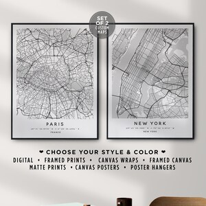 Conjunto personalizado de 2 impressões de mapa da cidade, pôster da cidade natal, arte de parede, emoldurado, mapa da cidade personalizado, pôster em tela, mapa personalizado, sinal de mapa personalizado