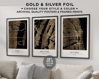 Personalized Set Of 3 City Map Foil Prints Home Town Poster Wall Art Sign Framed Custom City Map Gold City Maps Any Location Street Map Sign