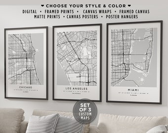Personalized Set Of 3 City Map Prints Home Town Poster Wall Art Sign Framed Custom City Map Canvas Poster Custom Map Custom Gift Map Sign