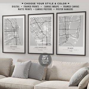 Personalized Set Of 3 City Map Prints Home Town Poster Wall Art Sign Framed Custom City Map Canvas Poster Custom Map Custom Gift Map Sign